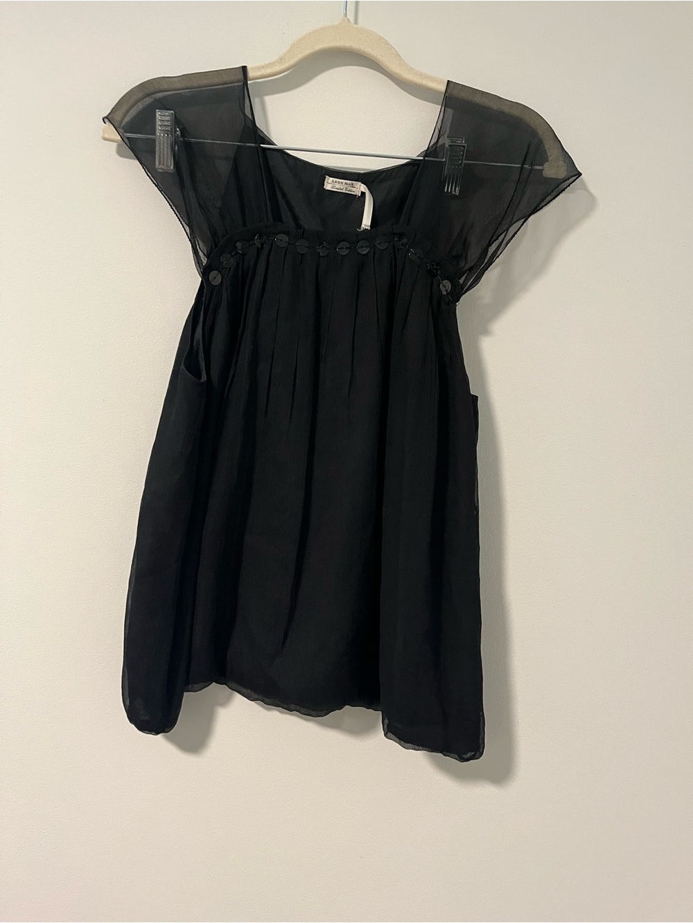 Leon Max Limited Edition Black Sheer-Panel Cap-Sleeve Blouse 100% Silk